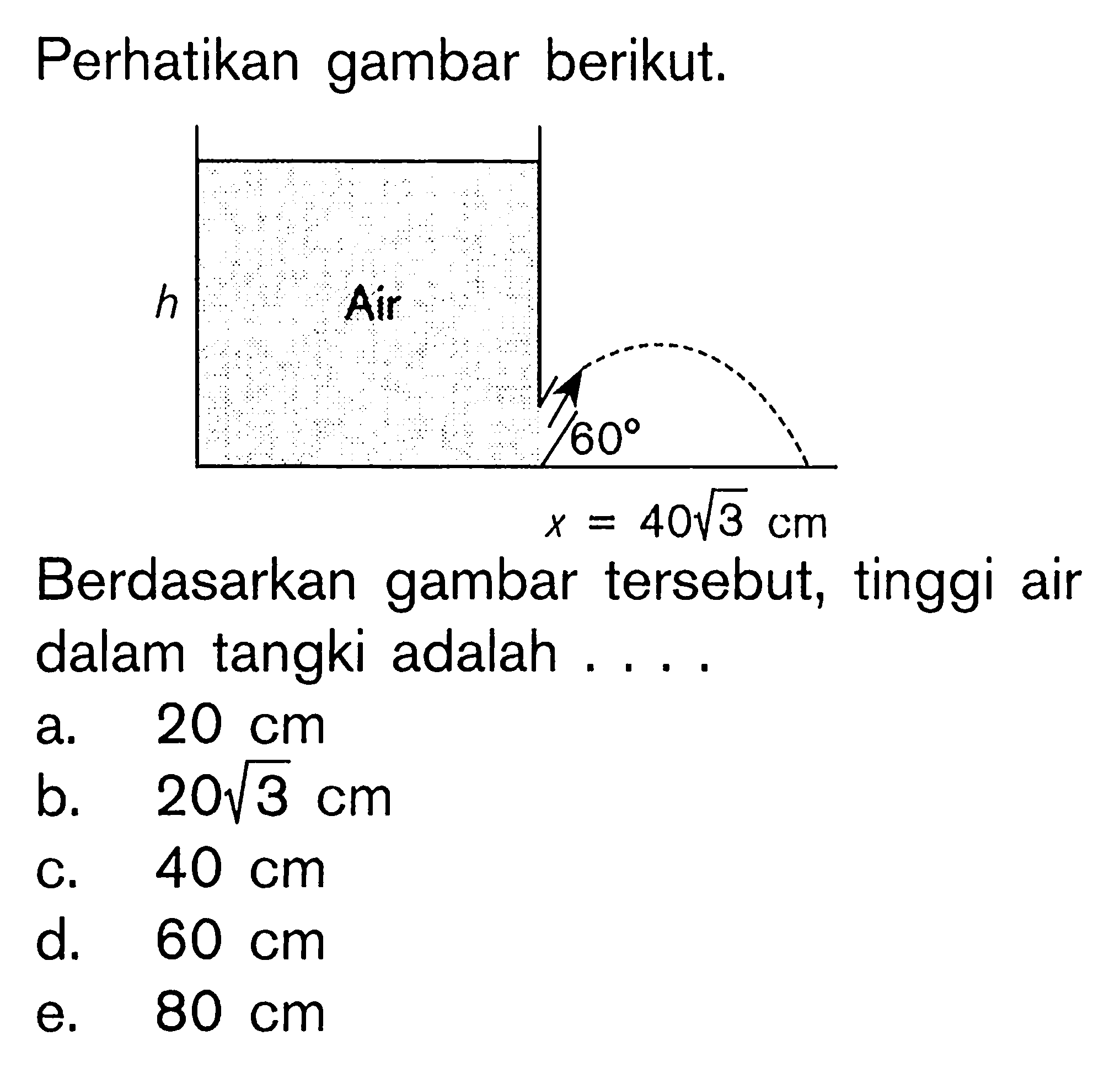 Perhatikan gambar berikut. h Air 60 x = 40akar(3) cm Berdasarkan gambar tersebut, tinggi air dalam tangki adalah ....