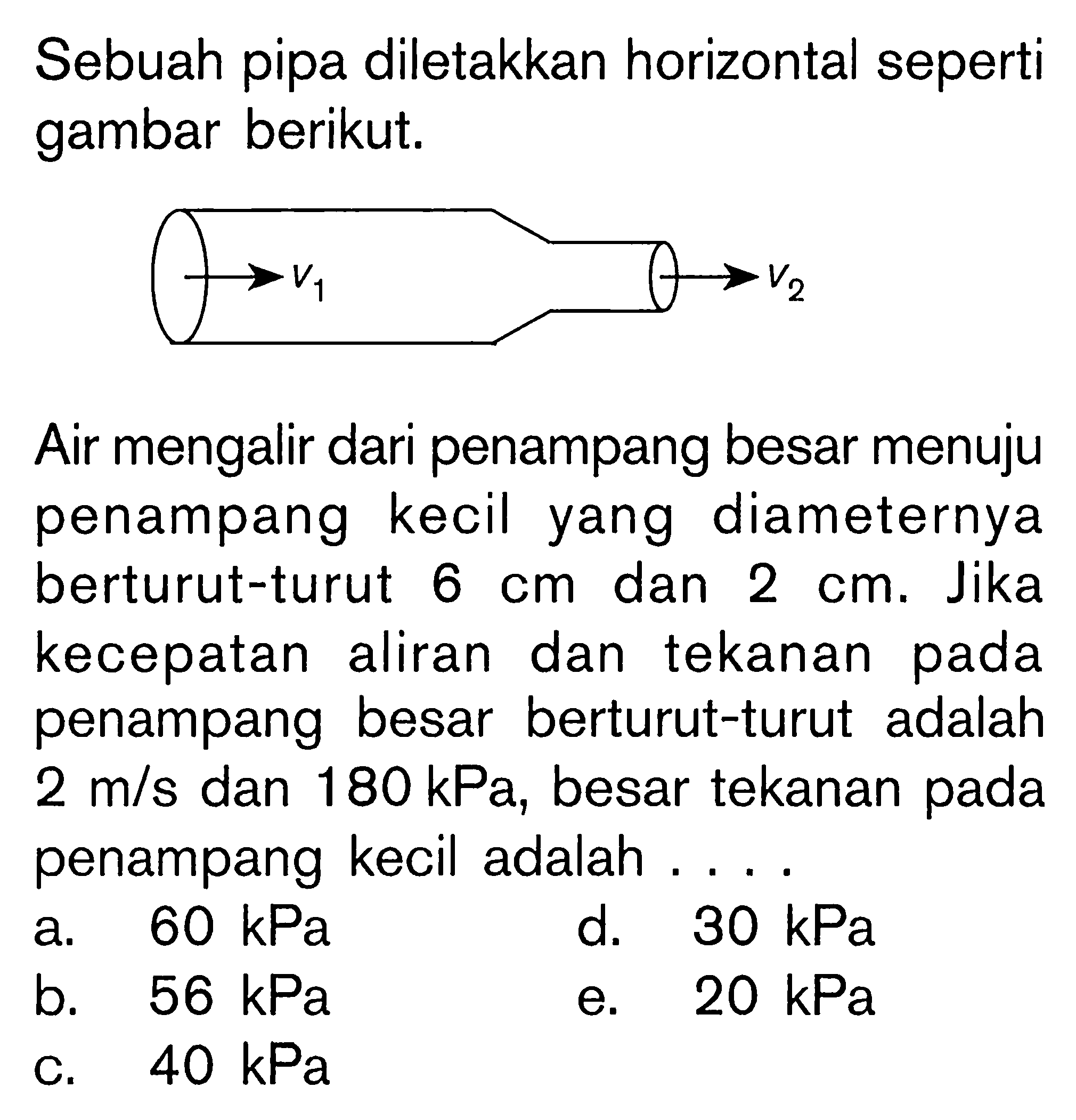 Sebuah pipa diletakkan horizontal seperti gambar berikut. v1 v2 Air mengalir dari penampang besar menuju penampang kecil yang diameternya berturut-turut 6 cm dan 2 cm. Jika kecepatan aliran dan tekanan pada penampang besar berturut-turut adalah 2 m/s dan 180 kPa, besar tekanan pada penampang kecil adalah .... 