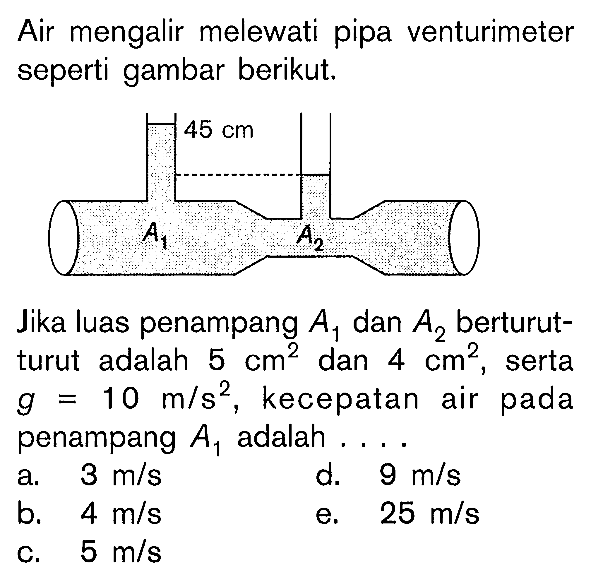 Air mengalir melewati pipa venturimeter seperti gambar berikut. Jika luas penampang A1 dan A2 berturut- turut adalah 5 cm^2 dan 4 cm^2, serta g = 10 m/s^2, kecepatan air pada penampang A1 adalah ....