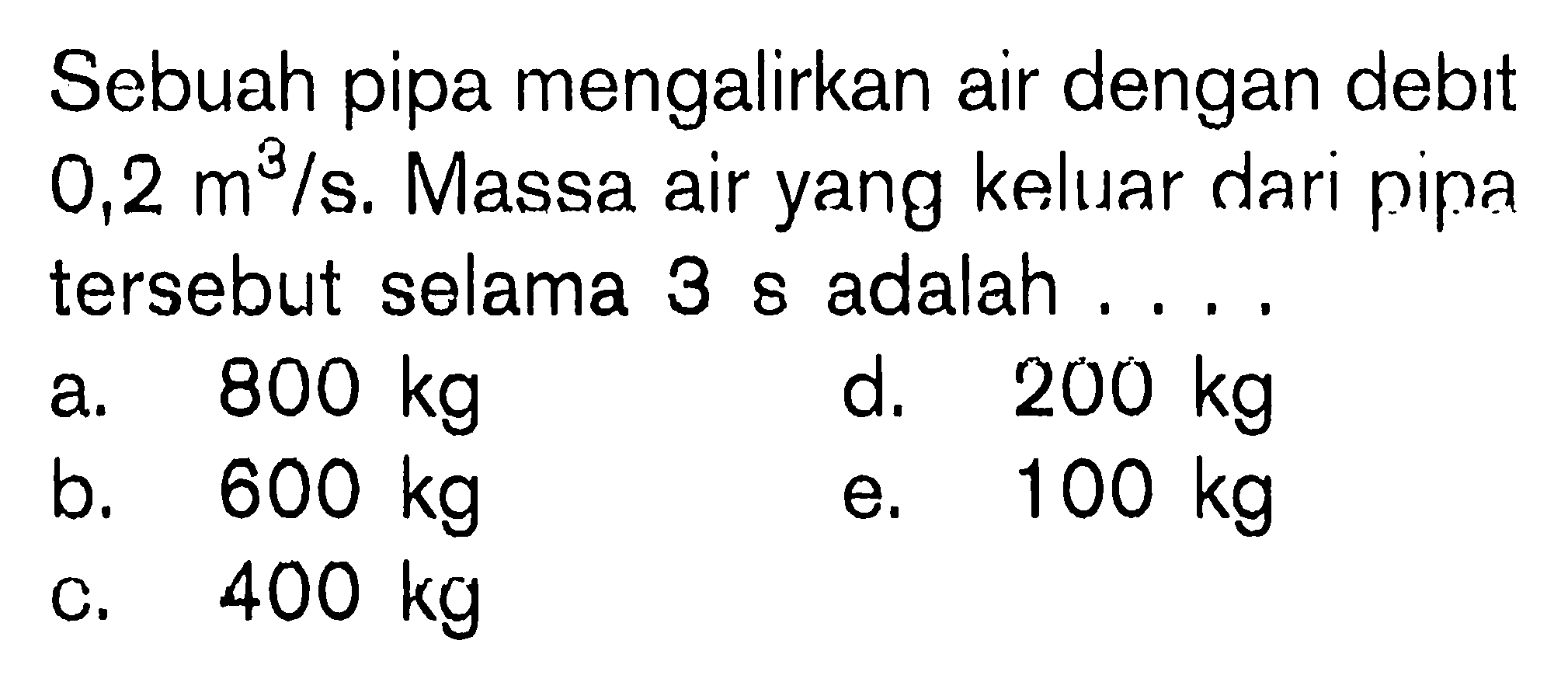 Sebuah pipa mengalirkan air dengan debit 0,2 m^3/s. Massa air yang keluar dari pipa tersebut selama 3 s adalah....