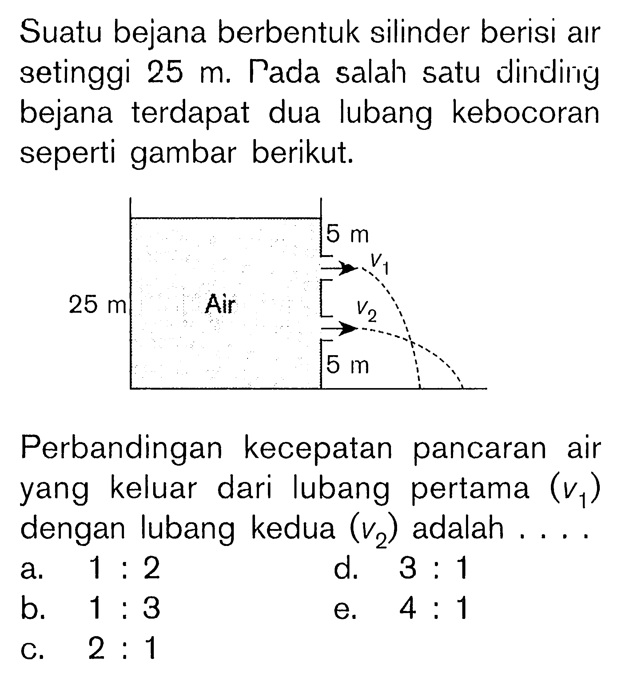 Suatu bejana berbentuk silinder berisi alr setinggi 25 m. Pada salah satu dinding bejana terdapat dua lubang kebocoran seperti gambar berikut. 25 m Air 5 m v1 v2 5 m Perbandingan kecepatan pancaran air yang keluar dari lubang pertama (v1) dengan lubang kedua (v2) adalah .... 