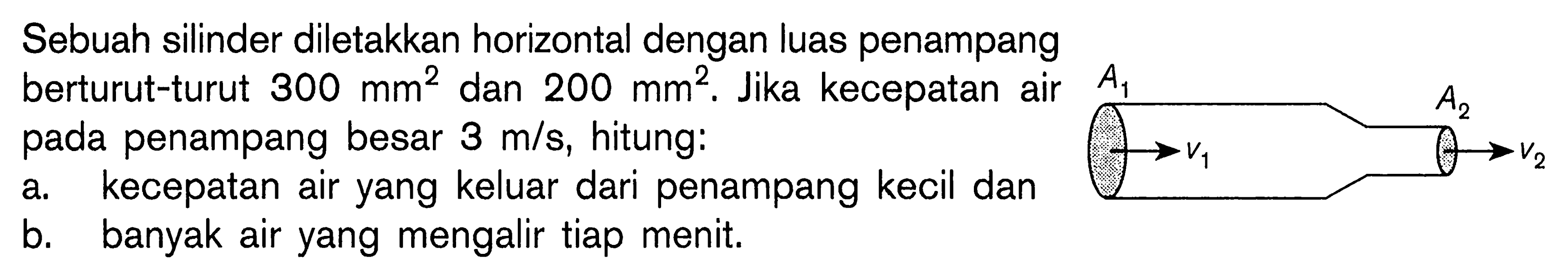 Sebuah silinder diletakkan horizontal dengan luas penampang berturut-turut 300 mm^2 dan 200 mm^2. Jika kecepatan air pada penampang besar 3 m/s, hitung: a. kecepatan air yang keluar dari penampang kecil dan b. banyak air yang mengalir tiap menit.