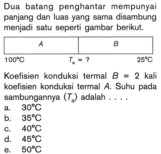 Dua batang penghantar mempunyai panjang dan luas yang sama disambung menjadi satu seperti gambar berikut.Koefisien konduksi termal  B=2 kali  koefisien konduksi termal  A. Suhu pada sambungannya  (Ta)  adalah ....