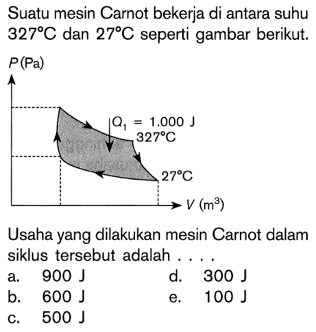 Suatu mesin Carnot bekerja di antara suhu 327 C dan 27 C seperti gambar berikut. P(pa) Q1=1.000 J 327 C 27 C V(m^3) Usaha yang dilakukan mesin Carnot dalam siklus tersebut adalah .... 