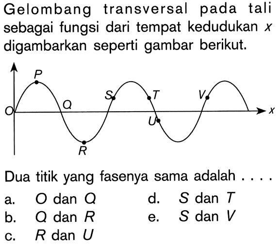 Gelombang transversal pada tali sebagai fungsi dari tempat kedudukan x digambarkan seperti gambar berikut. P S T V Q O x U R Dua titik yang fasenya sama adalah .... 
a. O dan Q 
b. Q dan R 
c. R dan U 
d. S dan T 
e. S dan V 