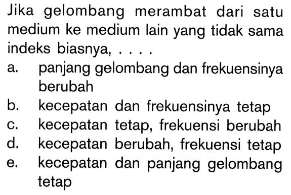 Jika gelombang merambat dari satu medium ke medium lain yang tidak sama indeks biasnya, ....
