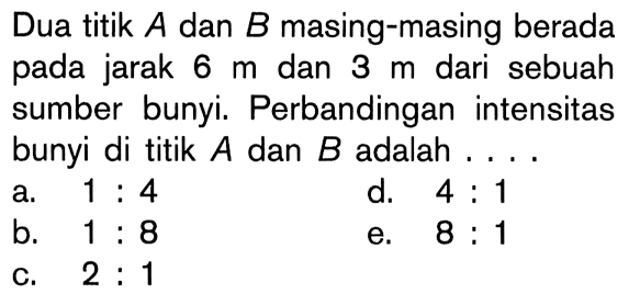 Dua titik A dan B masing-masing berada pada jarak 6 m dan 3 m dari sebuah sumber bunyi. Perbandingan intensitas bunyi di titik A dan B adalah ... .