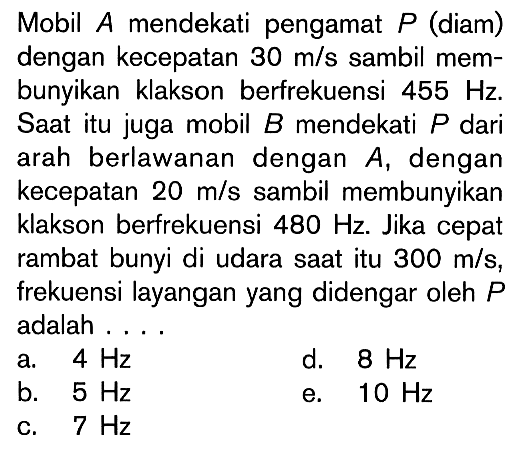 Mobil A mendekati pengamat P (diam) dengan kecepatan 30 m/s sambil membunyikan klakson berfrekuensi 455 Hz. Saat itu juga mobil B mendekati P dari arah berlawanan dengan A , dengan kecepatan 20 m/s sambil membunyikan klakson berfrekuensi 480 Hz. Jika cepat rambat bunyi di udara saat itu 300 m/s, frekuensi layangan yang didengar oleh P adalah ....