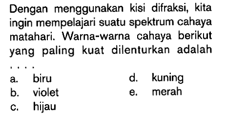 Dengan menggunakan kisi difraksi, kita ingin mempelajari suatu spektrum cahaya matahari. Warna-warna cahaya berikut yang paling kuat dilenturkan adalah