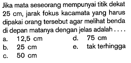 Jika mata seseorang mempunyai titik dekat 25 cm, jarak fokus kacamata yang harus dipakai orang tersebut agar melihat benda di depan matanya dengan jelas adalah....