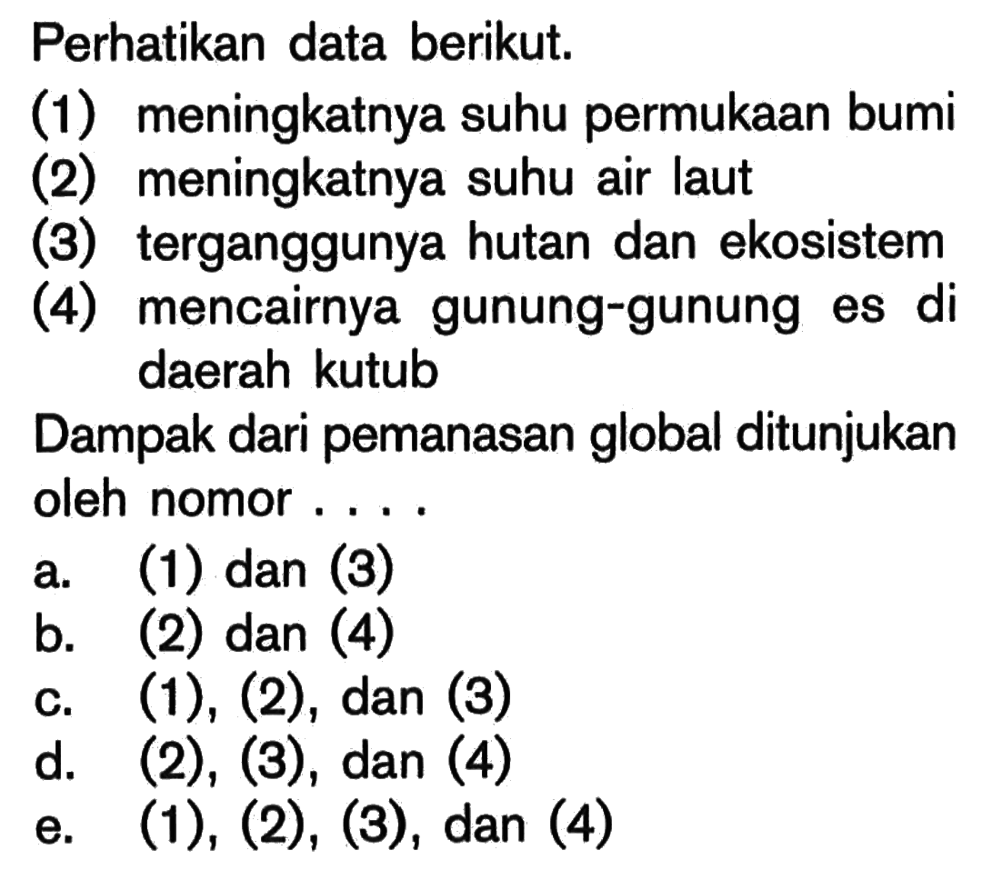 Perhatikan data berikut. (1) meningkatnya suhu permukaan bumi (2) meningkatnya suhu air laut (3) terganggunya hutan dan ekosistem (4) mencairnya gunung-gunung es di daerah kutub Dampak dari pemanasan global ditunjukan oleh nomor ....