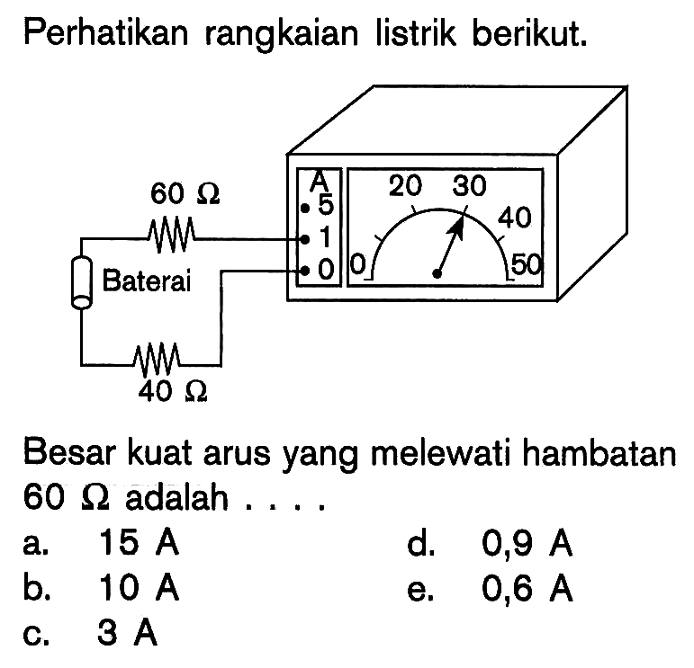 Perhatikan rangkaian listrik berikut. 60 ohm Baterai 40 ohm A 5 1 0 0 20 30 40 50 Besar kuat arus yang melewati hambatan 60 ohm adalah .... 