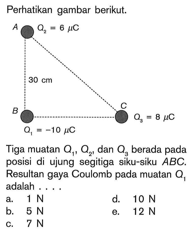 Perhatikan gambar berikut. Q3=6 mu C Q2=8 mu C Q1=-10 mu C 30 cmTiga muatan Q1, Q2, dan Q3 berada pada posisi di ujung segitiga siku-siku A B C. Resultan gaya Coulomb pada muatan Q1 adalah....