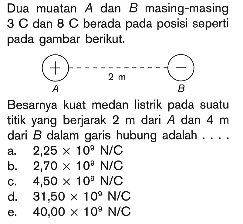 Dua muatan A dan B masing-masing 3 C dan 8 C berada pada posisi seperti pada gambar berikut.A 2 m BBesarnya kuat medan listrik pada suatu titik yang berjarak 2 m dari A dan 4 m dari B dalam garis hubung adalah ....