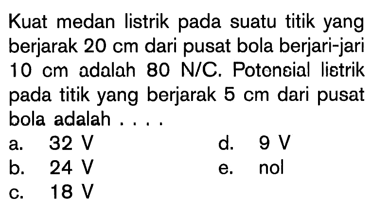 Kuat medan listrik pada suatu titik yang berjarak 20 cm dari pusat bola berjari-jari 10 cm adalah 80 N/C. Potensial lietrik pada titik yang berjarak 5 cm dari pusat bola adalah....