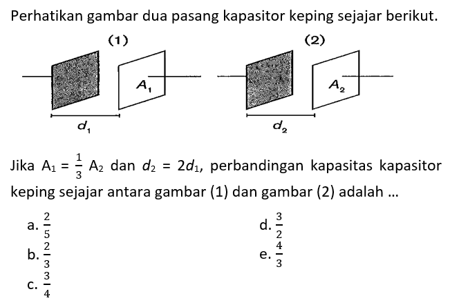 Perhatikan gambar dua pasang kapasitor keping sejajar berikut.(1) d2 A2 (2) d2 A2Jika A1=1/3 A2 dan d2=2 d1, perbandingan kapasitas kapasitor keping sejajar antara gambar (1) dan gambar (2) adalah...