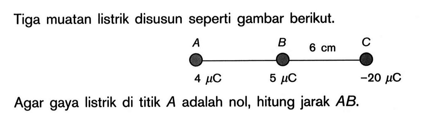 Tiga muatan listrik disusun seperti gambar berikut. A B 6 cm C 4 mu C 5 mu C -20 mu C Agar gaya listrik di titik A adalah nol, hitung jarak AB. 