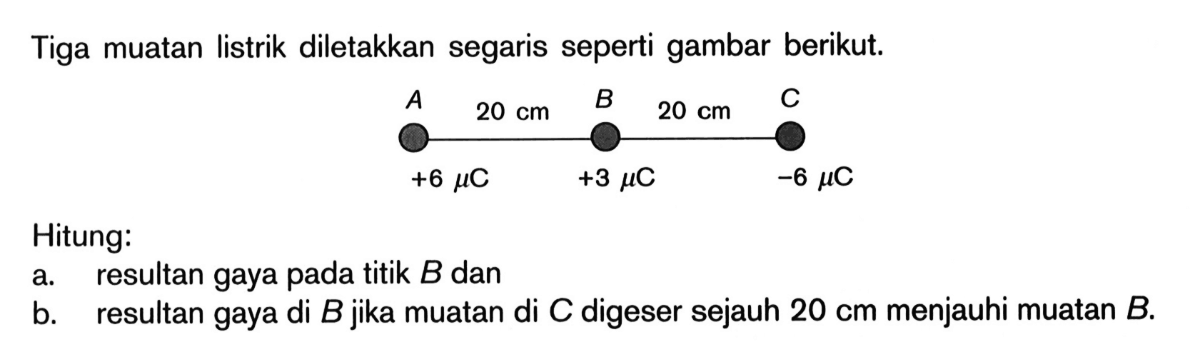 Tiga muatan listrik diletakkan segaris seperti gambar berikut. A 20 cm B 20 cm C +6 mu C +3 mu C -6 mu C Hitung: a. resultan gaya pada titik B dan b. resultan gaya di B jika muatan di C digeser sejauh 20 cm menjauhi muatan B. 