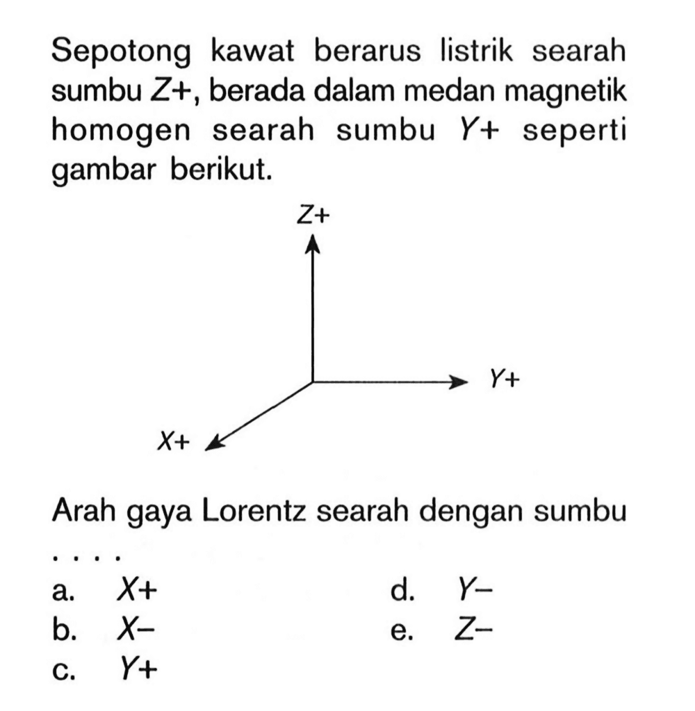 Sepotong kawat berarus listrik searah sumbu  Z+ , berada dalam medan magnetik homogen searah sumbu  Y+  seperti gambar berikut.

Arah gaya Lorentz searah dengan sumbu
a.  x+ 
d.  Y- 
b.  X- 
e.  Z- 
C.  Y+ 