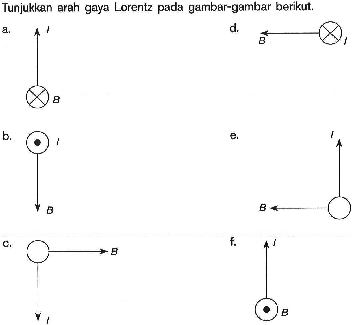 Tunjukkan arah gaya Lorentz pada gambar-gambar berikut.a. I B b. I B c. B I d. B I e. I B f. I B 