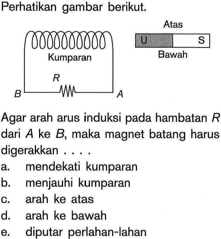 Perhatikan gambar berikut. Atas Kumparan U S Bawah R B A Agar arah arus induksi pada hambatan R dari A ke B, maka magnet batang harus digerakkan ....a. mendekati kumparan 
b. menjauhi kumparan 
c. arah ke atas 
d. arah ke bawah 
e. diputar perlahan-lahan 