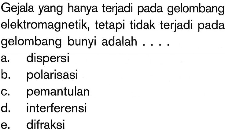 Gejala yang hanya terjadi pada gelombang elektromagnetik, tetapi tidak terjadi pada gelombang bunyi adalah ....