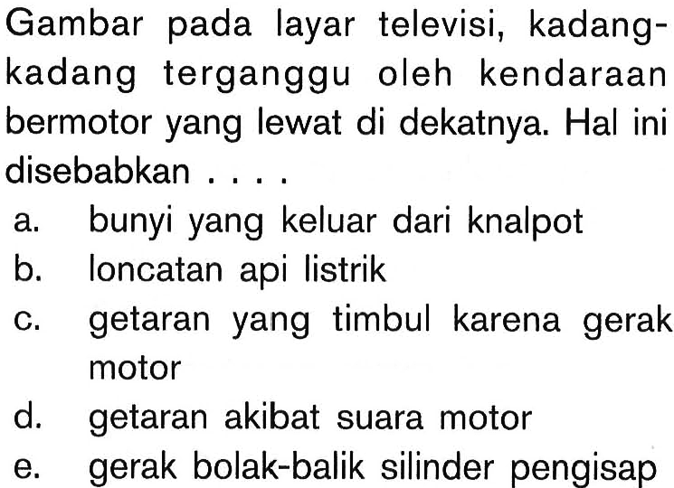 Gambar pada layar televisi, kadangkadang terganggu oleh kendaraan bermotor yang lewat di dekatnya. Hal ini disebabkan ....