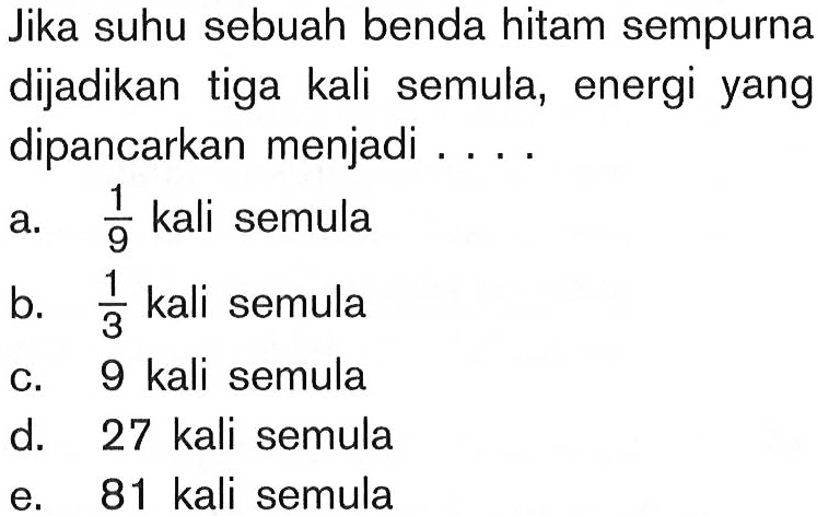 Jika suhu sebuah benda hitam sempurna dijadikan tiga kali semula, energi yang dipancarkan menjadi ....