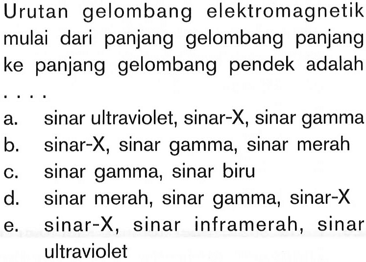 Urutan gelombang elektromagnetik mulai dari panjang gelombang panjang ke panjang gelombang pendek adalah....