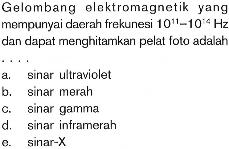 Gelombang elektromagnetik yang mempunyai daerah frekunesi 10^11-10^14 Hz dan dapat menghitamkan pelat foto adalah