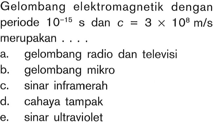 Gelombang elektromagnetik dengan periode 10^(-15) s dan c=3 x 10^8 m/s merupakan ....