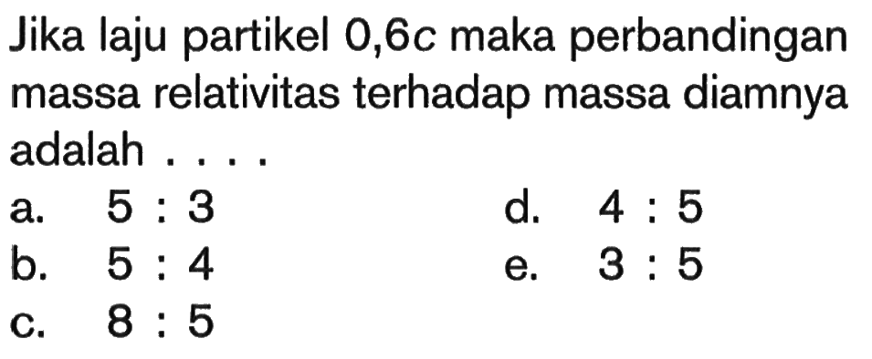 Jika laju partikel 0,6c maka perbandingan massa relativitas terhadap massa diamnya adalah ....