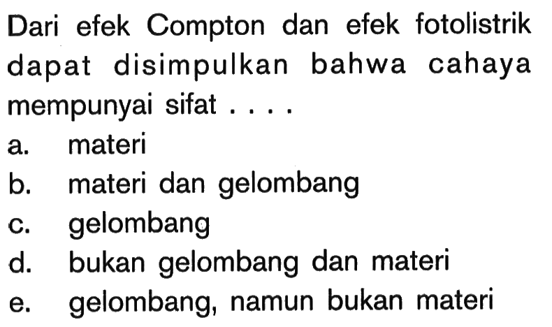 Dari efek Compton dan efek fotolistrik dapat disimpulkan bahwa cahaya mempunyai sifat....