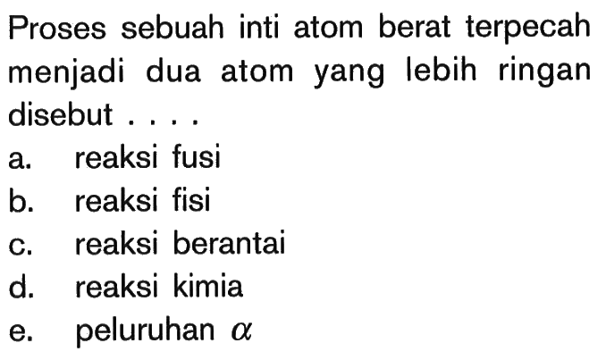 Proses sebuah inti atom berat terpecah menjadi dua atom yang lebih ringan disebut ....