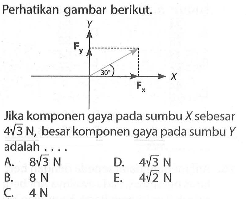 Perhatikan gambar berikut. Fy 30 FxJika komponen gaya pada sumbu X sebesar 4 akar(3) N, besar komponen gaya pada sumbu Y adalah....