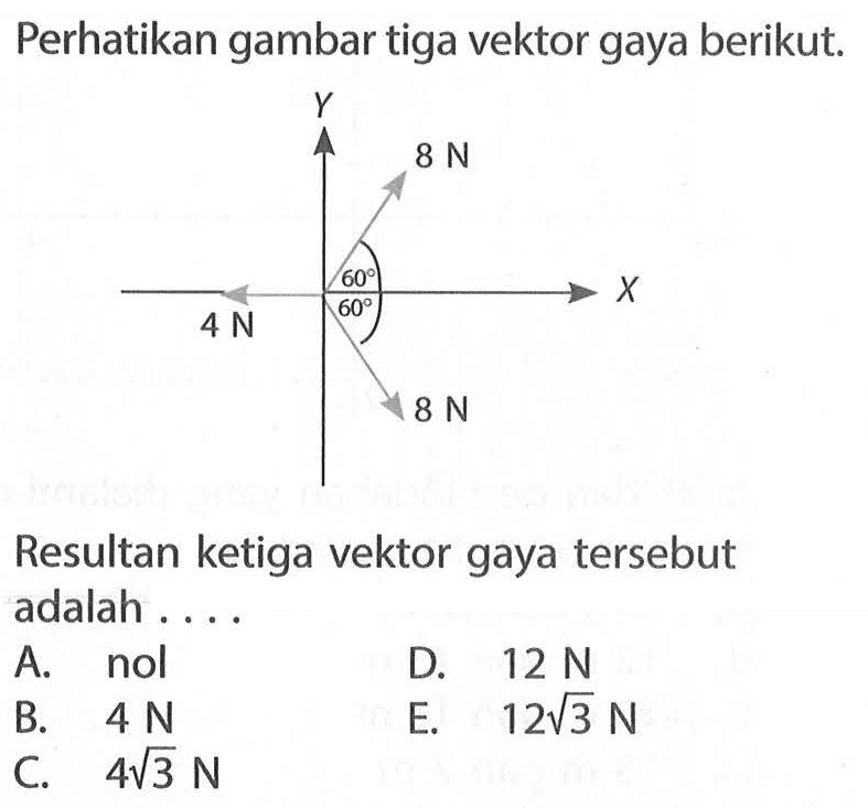 Perhatikan gambar tiga vektor gaya berikut. 4 N 8 N 60 8 N 60Resultan ketiga vektor gaya tersebut adalah ....