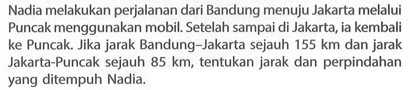 Nadia melakukan perjalanan dari Bandung menuju Jakarta melalui Puncak menggunakan mobil. Setelah sampai di Jakarta, ia kembali ke Puncak. Jika jarak Bandung-Jakarta sejauh 155 km dan jarak Jakarta-Puncak sejauh 85 km,tentukan jarak dan perpindahan yang ditempuh Nadia.