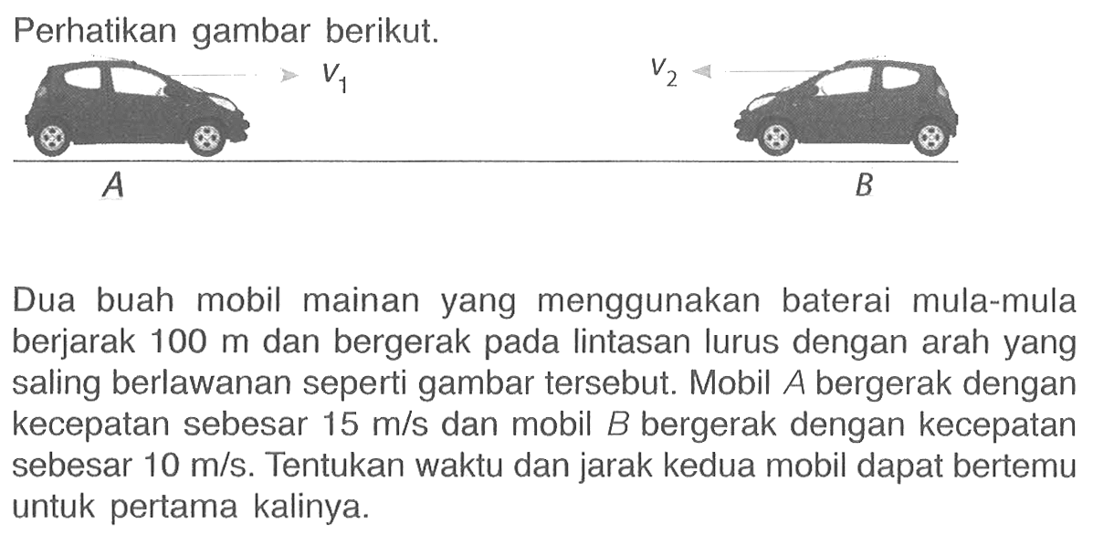 Perhatikan gambar berikut. Dua buah mobil mainan yang menggunakan baterai mula-mula berjarak 100 m dan bergerak pada lintasan lurus dengan arah yang saling berlawanan seperti gambar tersebut. Mobil A bergerak dengan kecepatan sebesar 15 m/s dan mobil B bergerak dengan kecepatan sebesar 10 m/s. Tentukan waktu dan jarak kedua mobil dapat bertemu untuk pertama kalinya.