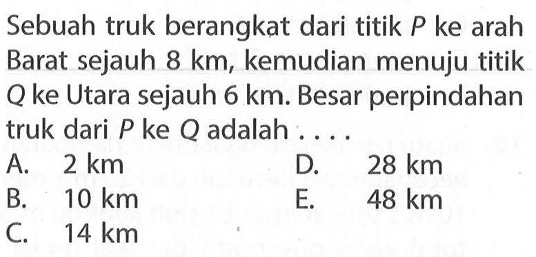 Sebuah truk berangkat dari titik P ke arah Barat sejauh 8 km, kemudian menuju titik Q ke Utara sejauh 6 km. Besar perpindahan truk dari P ke Q adalah....