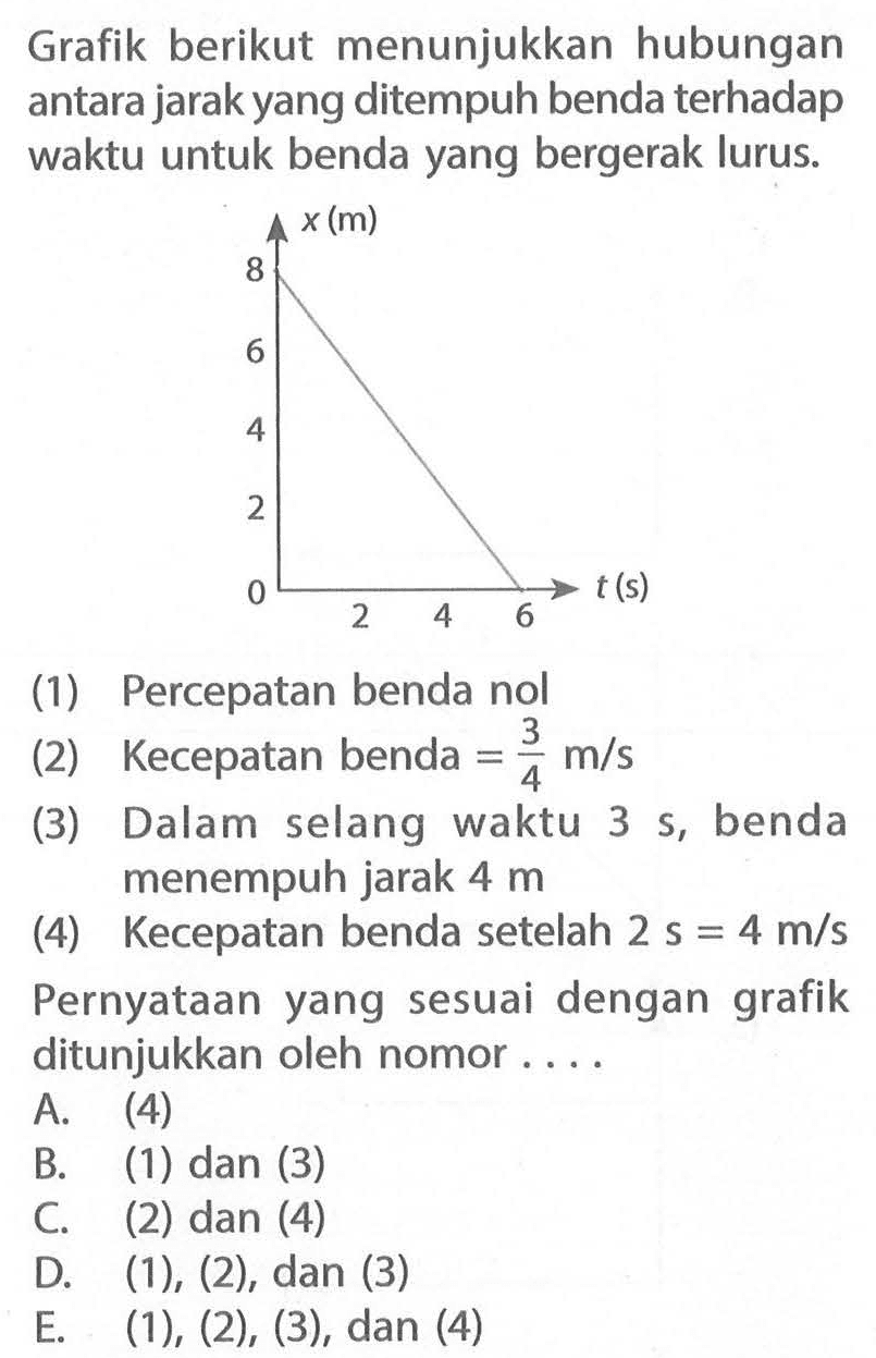 Grafik berikut menunjukkan hubungan antara jarak yang ditempuh benda terhadap waktu untuk benda yang bergerak lurus.(1) Percepatan benda nol(2) Kecepatan benda =3/4 m/s (3) Dalam selang waktu 3 s, benda menempuh jarak 4 m (4) Kecepatan benda setelah 2 s=4 m/s Pernyataan yang sesuai dengan grafik ditunjukkan oleh nomor....A. (4)B. (1) dan (3)C. (2) dan (4)D. (1),(2), dan (3) E. (1), (2), (3), dan (4)