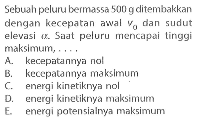 Sebuah peluru bermassa 500 g ditembakkan dengan kecepatan awal v0 dan sudut elevasi a. Saat peluru mencapai tinggi maksimum, ...
