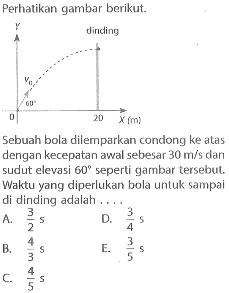 Perhatikan gambar berikut. Y 60 v0 dinding 20 X (m) Sebuah bola dilemparkan condong ke atas dengan kecepatan awal sebesar 30 m/s dan sudut elevasi 60 seperti gambar tersebut. Waktu yang diperlukan bola untuk sampai di dinding adalah .... 