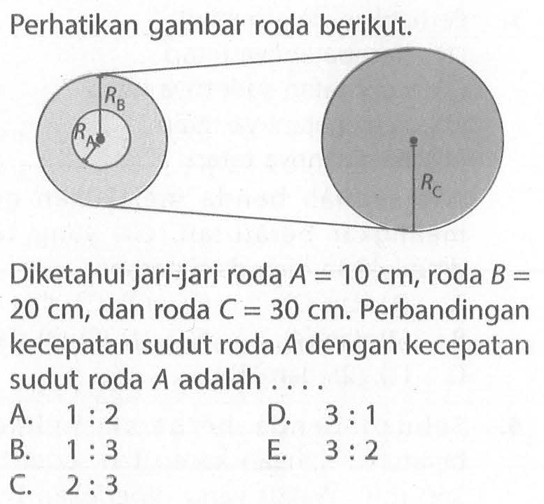 Perhatikan gambar roda berikut. RA RB RC Diketahui jari-jari roda A=10 cm, roda B=20 cm, dan roda C=30 cm. Perbandingan kecepatan sudut roda A dengan kecepatan sudut roda A adalah....