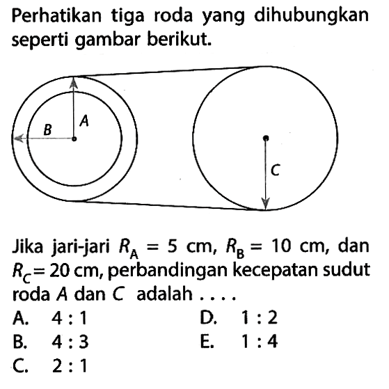 Perhatikan tiga roda yang dihubungkan seperti gambar berikut.B A C Jika jari-jari RA=5 cm, RB=10 cm, dan RC=20 cm, perbandingan kecepatan sudut roda A dan C adalah ....