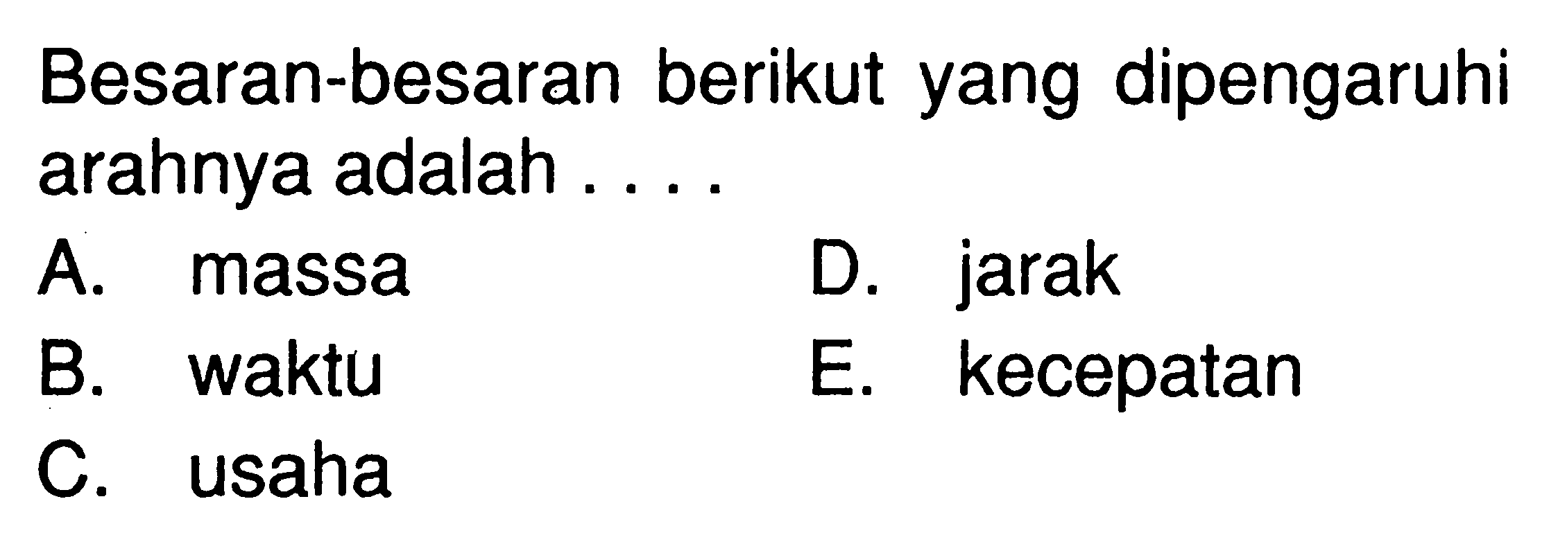 Besaran-besaran berikut yang dipengaruhi arahnya adalah . . . .