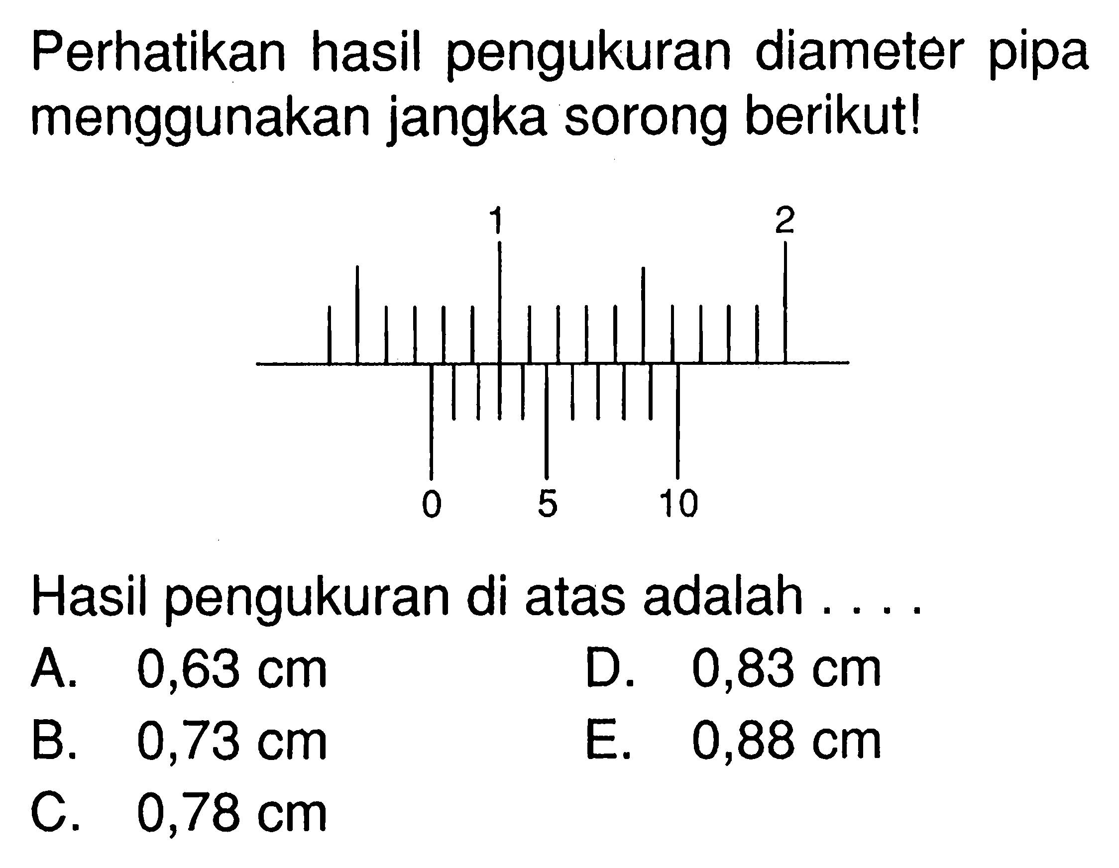 Perhatikan hasil pengukuran diameter pipa menggunakan jangka sorong berikut! Hasil pengukuran di atas adalah . . . .