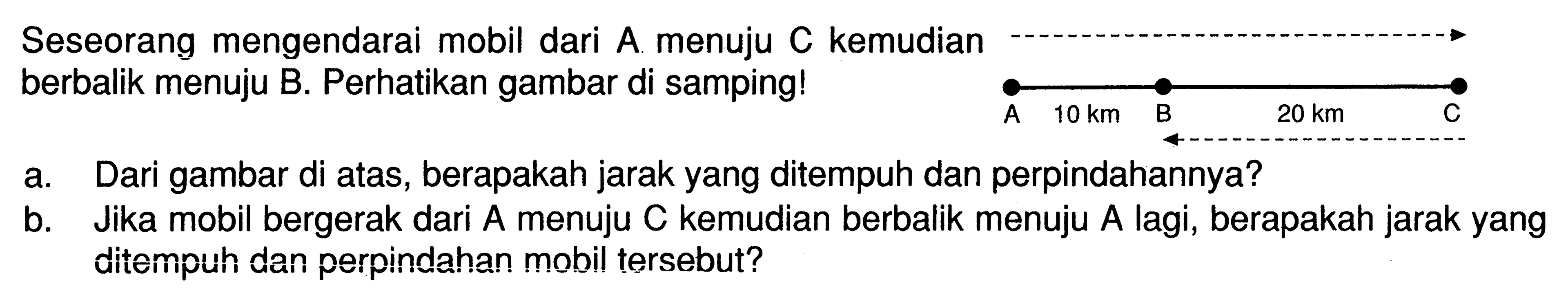 Seseorang mengendarai mobil dari A menuju C kemudian berbalik menuju B. Perhatikan gambar di samping! 10 km    B    20 km    C  a. Dari gambar di atas, berapakah jarak yang ditempuh dan perpindahannya? b. Jika mobil bergerak dari A menuju C kemudian berbalik menuju A lagi, berapakah jarak yang ditempuh dan perpindahan mobil tersebut? 