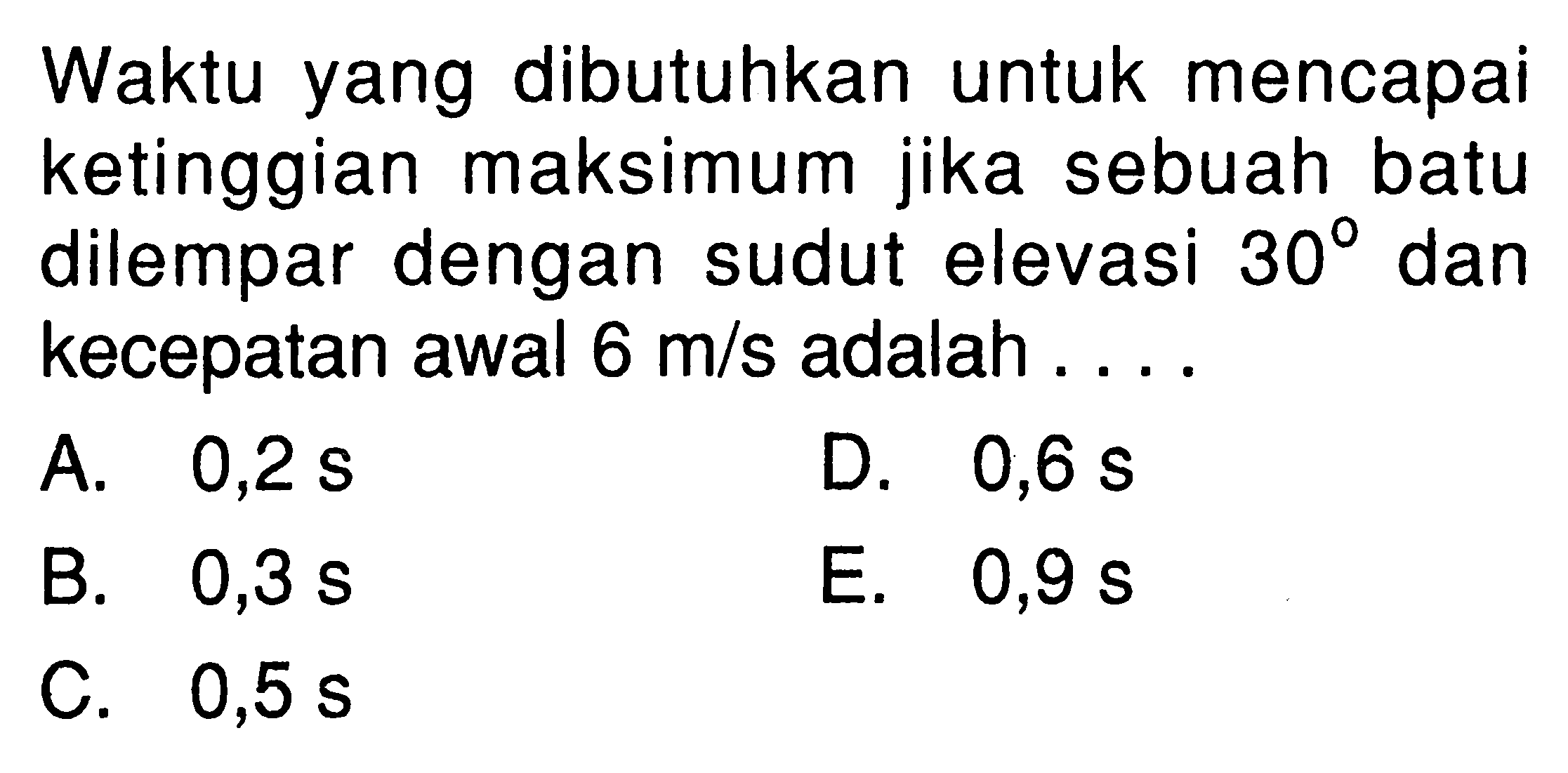 Waktu yang dibutuhkan untuk mencapai ketinggian maksimum jika sebuah batu dilempar dengan sudut elevasi 30 dan kecepatan awal 6 m/s  adalah ....