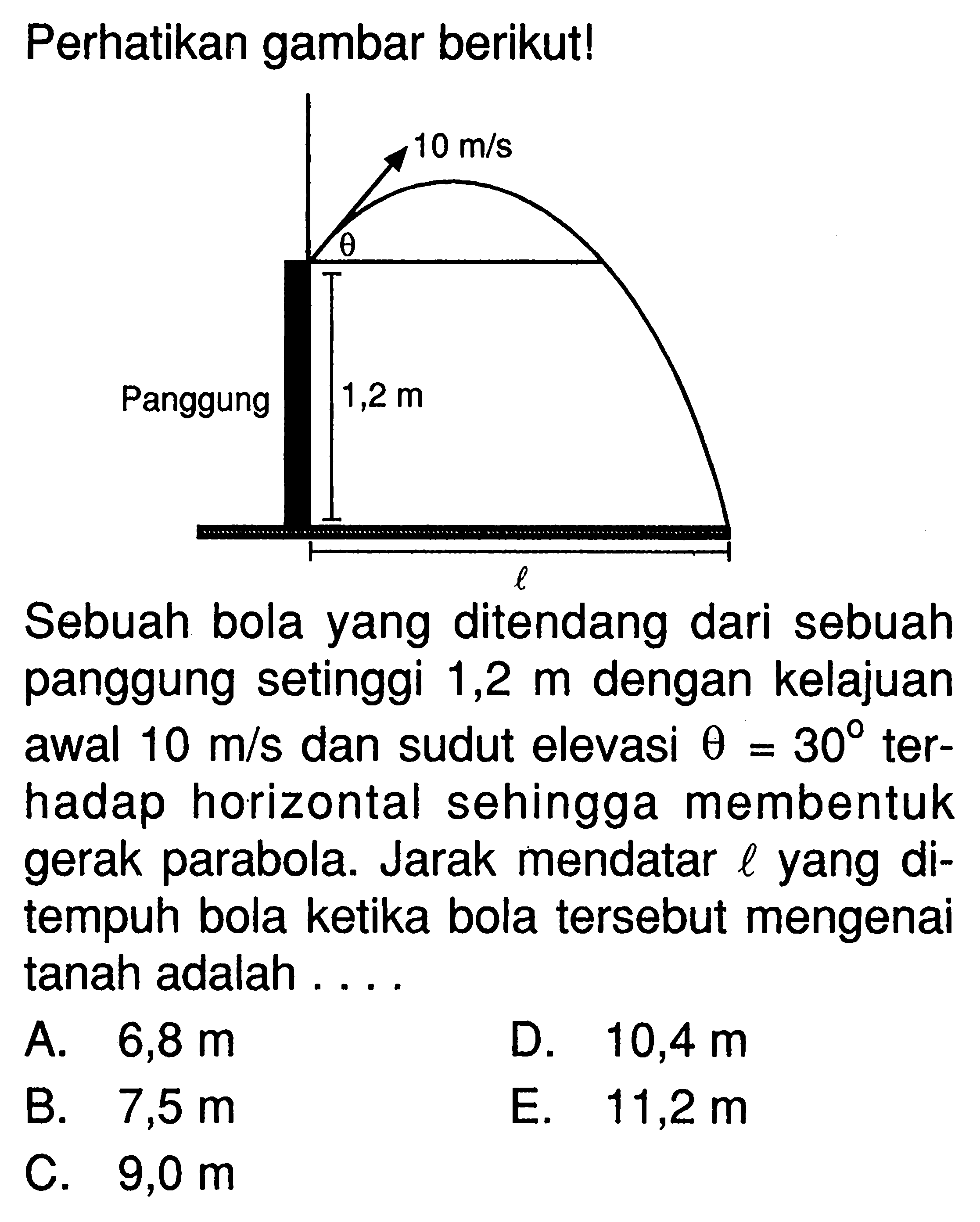 Perhatikan gambar berikut! Sebuah bola yang ditendang dari sebuah panggung setinggi  1,2 m  dengan kelajuan awal  10 m/s  dan sudut elevasi  theta=30  terhadap horizontal sehingga membentuk gerak parabola. Jarak mendatar  l  yang ditempuh bola ketika bola tersebut mengenai tanah adalah ....