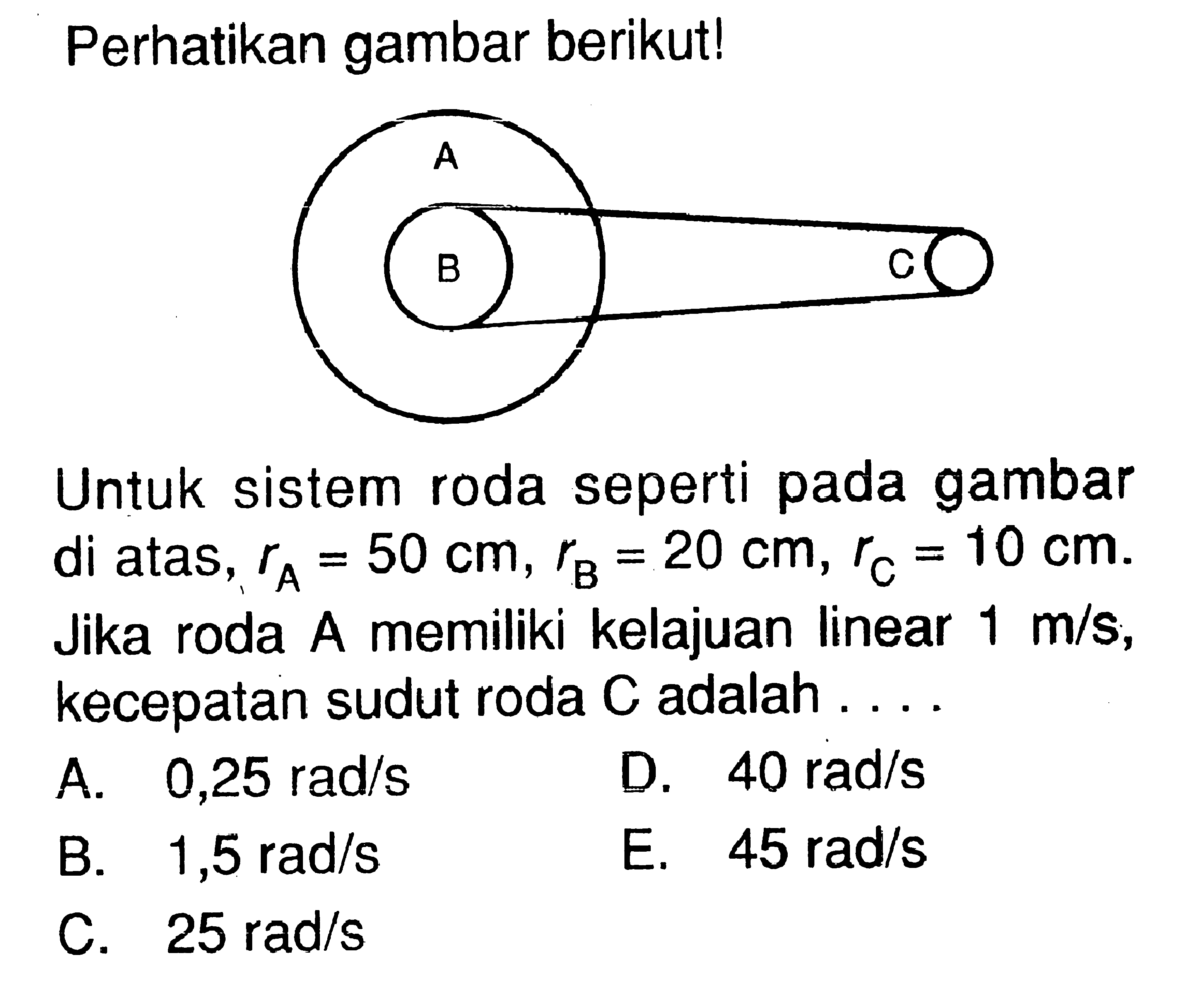 Perhatikan gambar berikut! Untuk sistem roda seperti pada gambar di atas, rA=50 cm, rB=20 cm, rC=10 cm. Jika roda A memiliki kelajuan linear 1 m/s, kecepatan sudut roda C adalah...